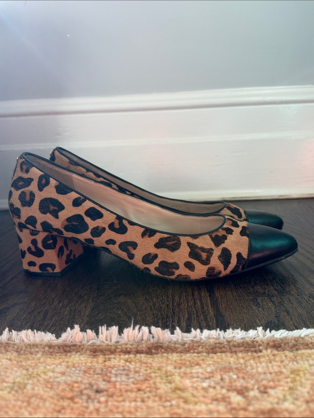 Cole Haan Leopard Print Block Heel Pumps with Black Cap Toe